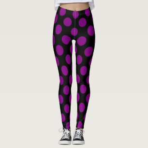 Purple on Black Large Size Polka Dots Leggings