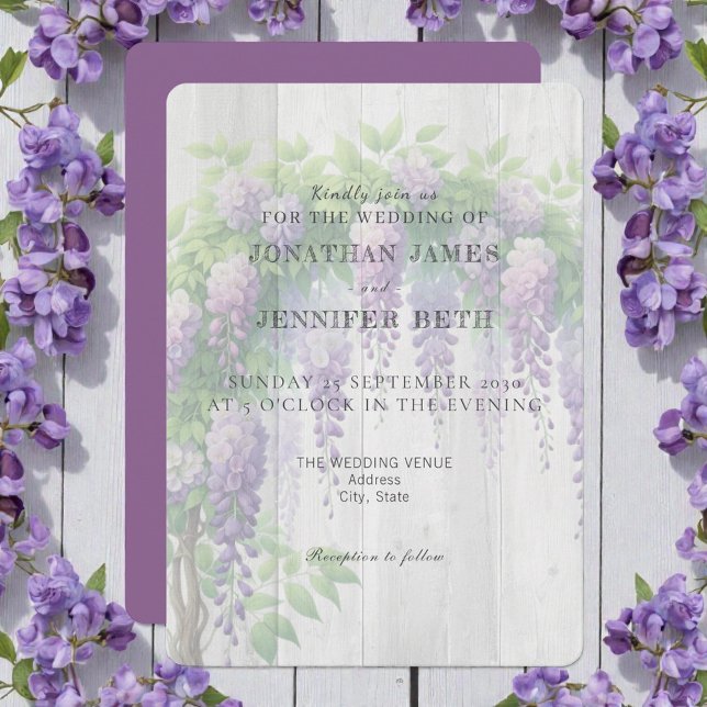 Purple on Wood Wisteria Floral Wedding Invitation (Creator Uploaded)