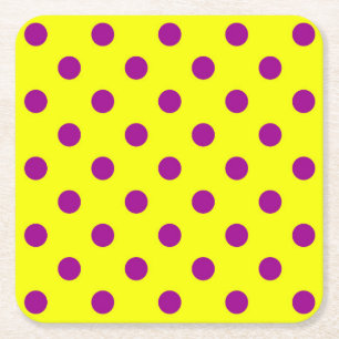 Purple On Yellow Polka Dots Pattern Design Square Paper Coaster