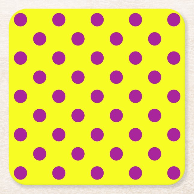 Purple On Yellow Polka Dots Pattern Design  Square Paper Coaster (Front)