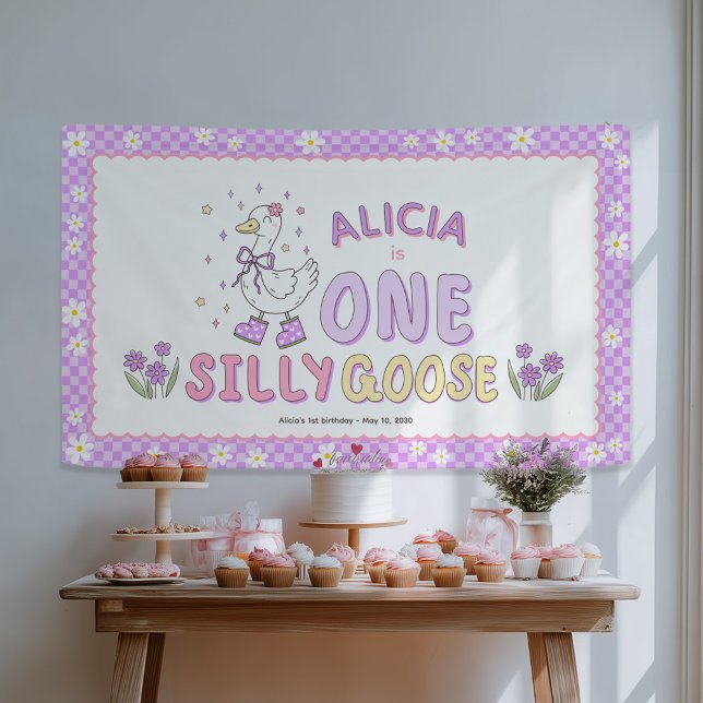 Purple One Silly Goose-Girl 1st Birthday Backdrop Banner (Purple One Silly Goose - Retro style Girl First Birthday Backdrop Banner- 1st Birthday decor.)