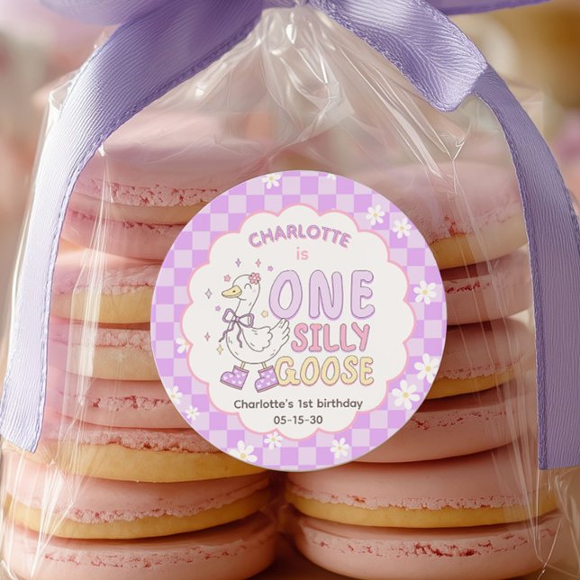 Purple One Silly Goose - Girl's first birthday Classic Round Sticker (Purple One Silly Goose. Girl First Birthday Birthday favor sticker.)