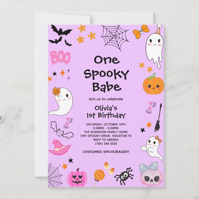 Purple One Spooky Babe Girl Halloween 1st Birthday Invitation (Front)