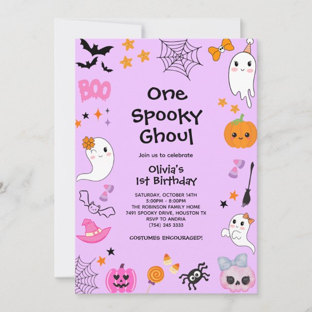 Purple One Spooky Ghoul Halloween 1st Birthday Invitation (Front)