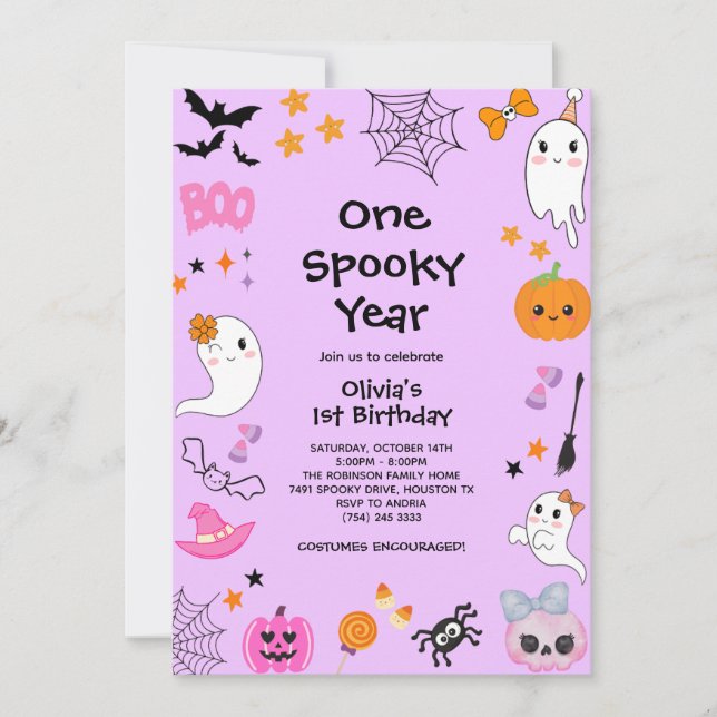 Purple One Spooky Year Cute Halloween 1st Birthday Invitation (Front)