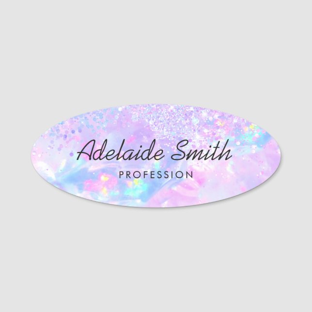 purple opal gemstone faux glitter name tag (Front)
