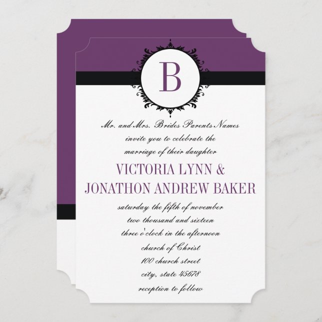 Purple or Any Colour Monogram Wedding Invitation (Front/Back)