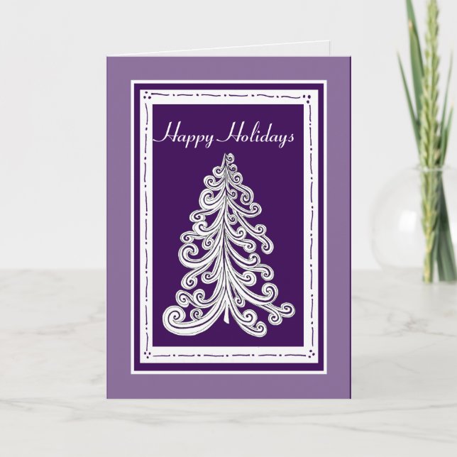 Purple or Custom Colour Doodle Style Christmas Tre Holiday Card (Front)