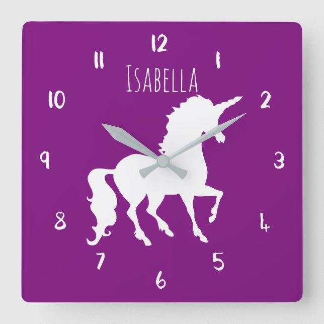 Purple or Custom Colour Unicorn Personalised Kids Square Wall Clock (Front)