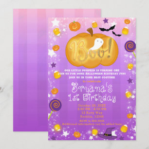 Purple & Orange 1st Birthday Halloween Party Invitation