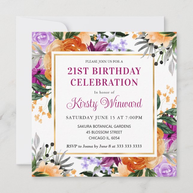 Purple, Orange and Black Flowers Birthday Invitation (Front)