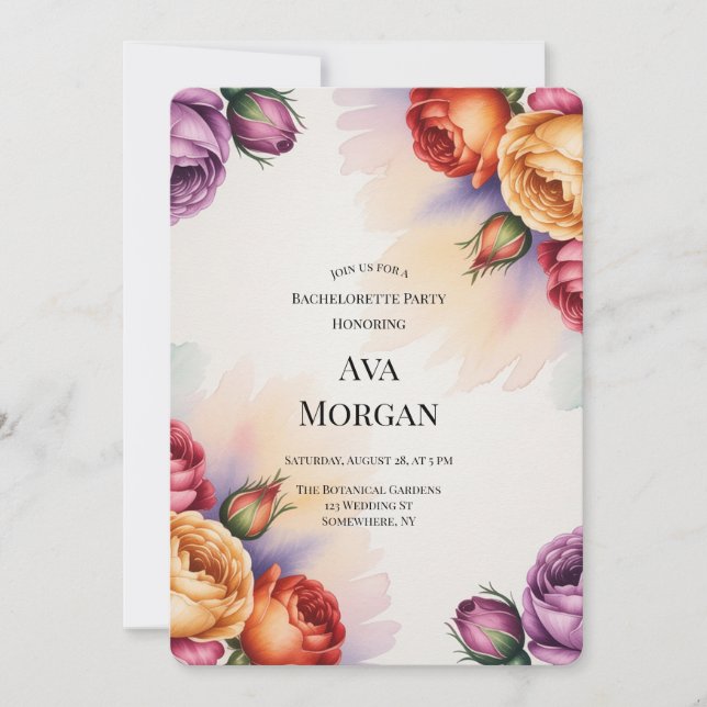 Purple Orange and Red Roses Bachelorette Party Invitation (Front)