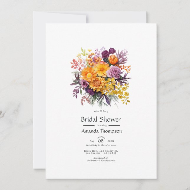 Purple, Orange, and Yellow Floral Bridal Shower Invitation (Front)