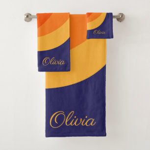 Purple orange and yellow retro diagonal waves bath towel set