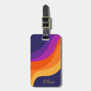 Purple orange and yellow retro diagonal waves luggage tag