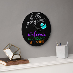 Purple Orange Aqua White Retro She Shed Welcome Large Clock