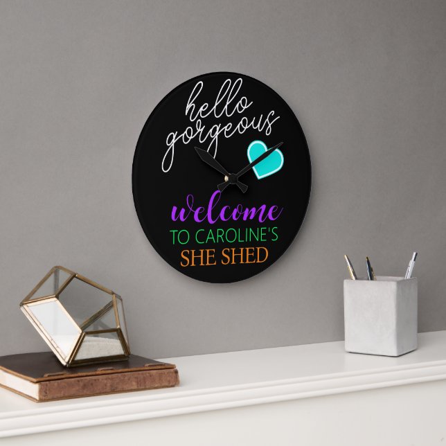Purple Orange Aqua White Retro She Shed Welcome Large Clock (Office)