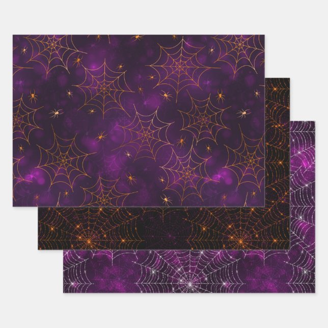 Purple, Orange & Black Cobwebs Halloween Bokeh Wrapping Paper Sheet (Set)