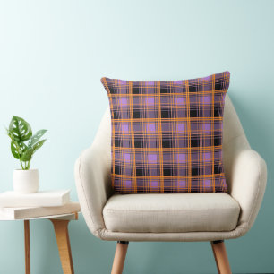 PURPLE ORANGE BLACK HALLOWEEN INSPIRED PLAID CUSHION