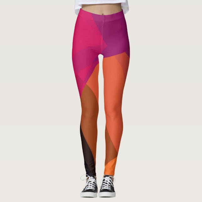 Purple Orange Black Modern Geometric Pattern Leggings (Front)