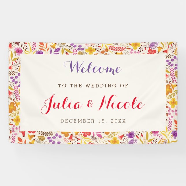 Purple Orange Boho Wildflower Foliage Wedding Banner (Horizontal)