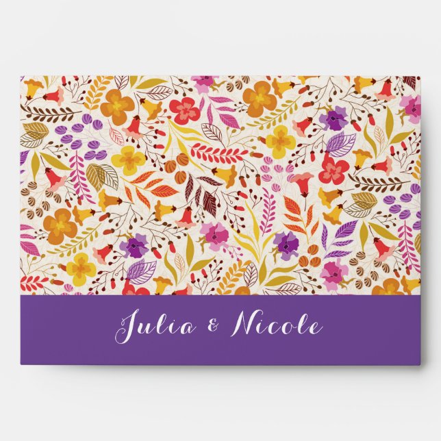 Purple Orange Boho Wildflower Foliage Wedding Envelope (Front)