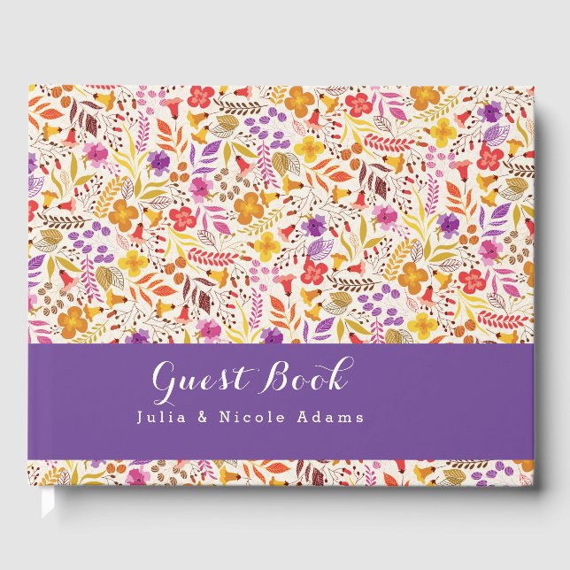 Purple Orange Boho Wildflower Foliage Wedding Guest Book (Front)