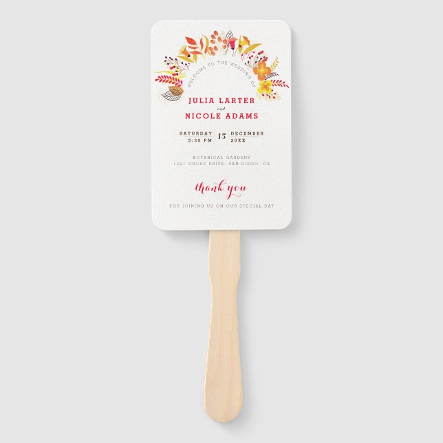 Purple Orange Boho Wildflower Foliage Wedding Hand Fan (Front)