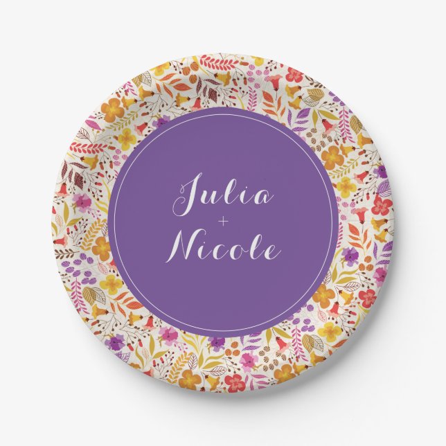 Purple Orange Boho Wildflower Foliage Wedding Paper Plate (Front)