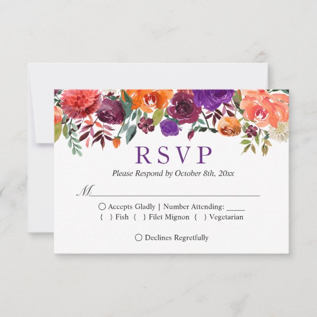 Purple Orange Burgundy Floral Fall Wedding RSVP (Front)