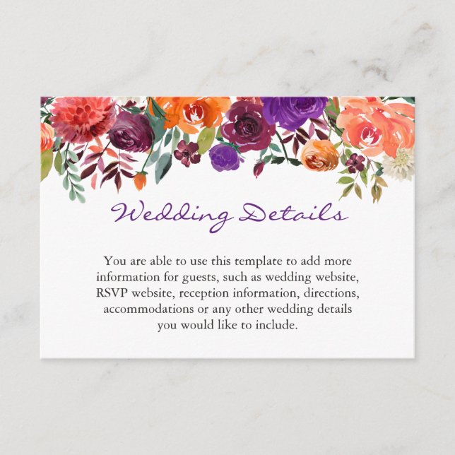Purple Orange Burgundy Floral Wedding Details Enclosure Card (Front)