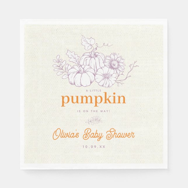 Purple Orange Burlap Little Pumpkin Baby Shower Napkin (Front)