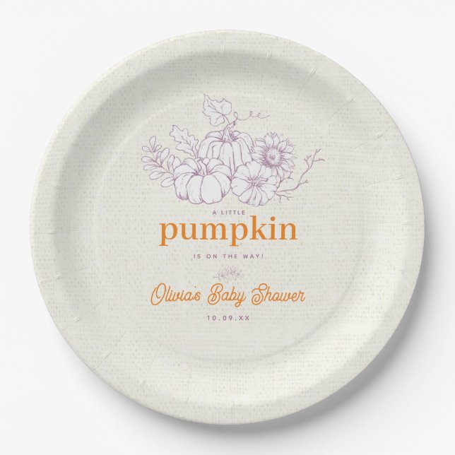 Purple Orange Burlap Little Pumpkin Baby Shower Paper Plate (Front)