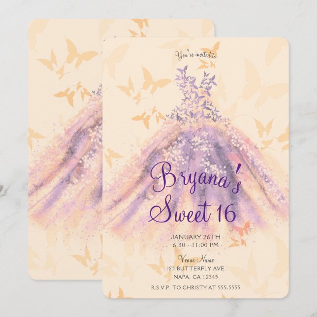 Purple Orange Butterfly Dance Dress Sweet 16 Party Invitation (Front/Back)