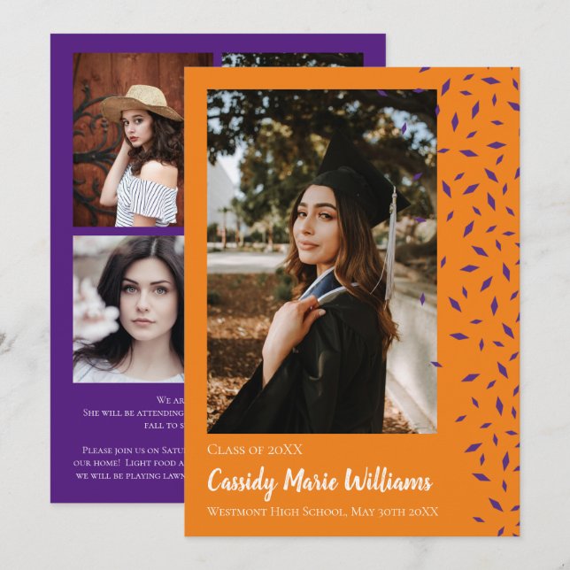 Purple Orange Confetti Graduation Announcement (Front/Back)
