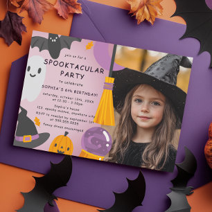 Purple Orange Cute Halloween Kids Birthday Photo Invitation