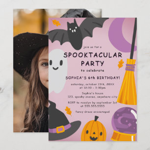 Purple Orange Cute Photo Halloween Kids Birthday Invitation