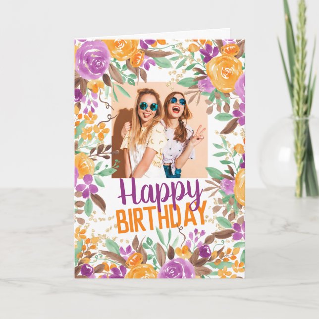 Purple orange fall floral happy birthday photo card (Front)