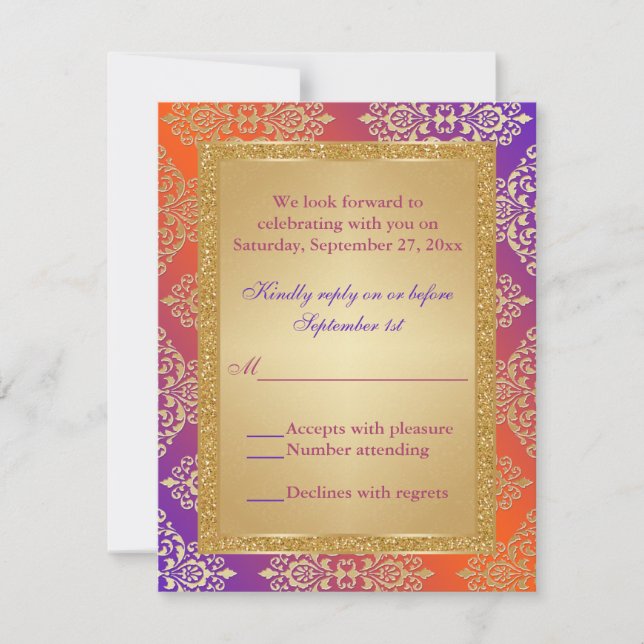 Purple Orange FAUX Gold Glitter, Damask RSVP Card (Front)