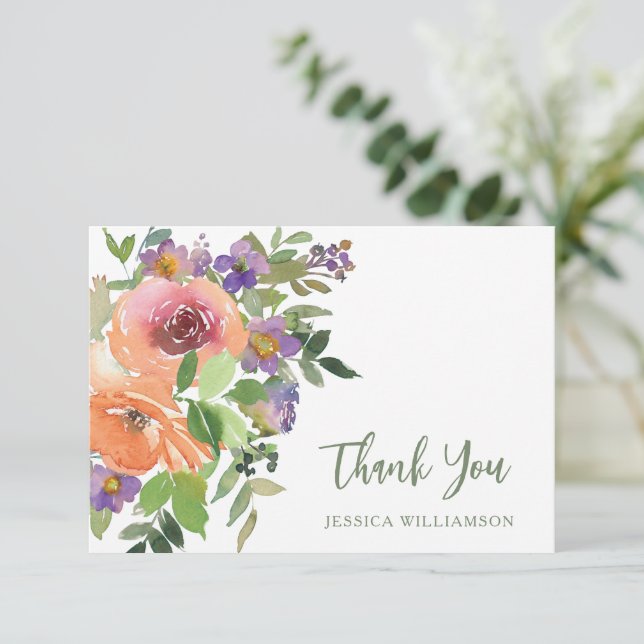 Purple Orange Floral Custom Bridal Shower Flat Thank You Card (Standing Front)