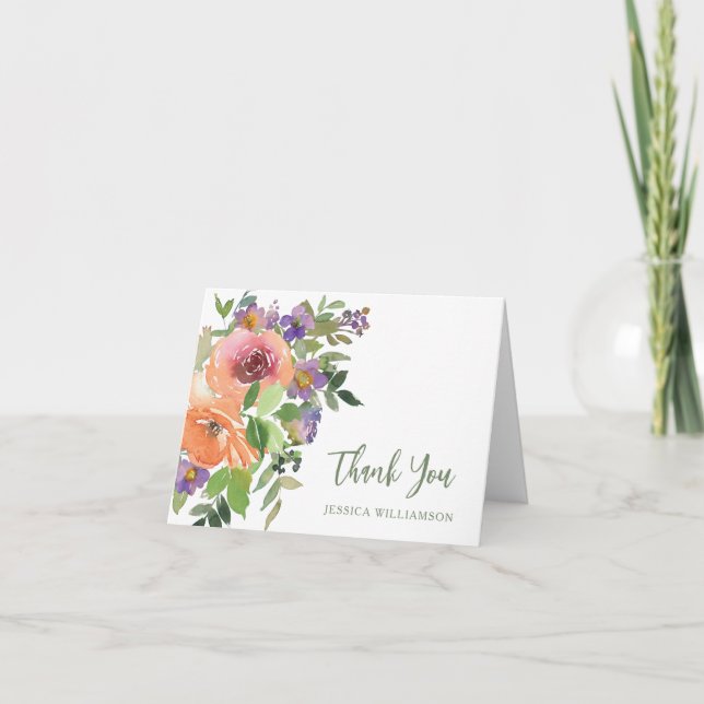 Purple Orange Floral Custom Bridal Shower Folded Thank You Card (Front)