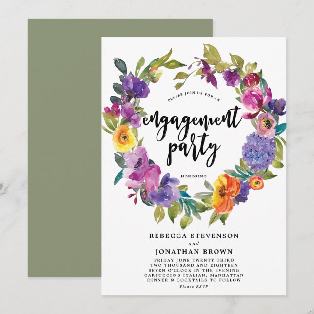 purple orange floral engagement party invitation (Front/Back)