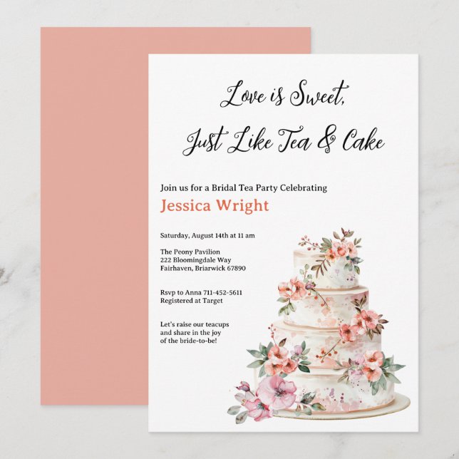Purple & Orange Floral Tiered Cake Bridal Shower Invitation (Front/Back)