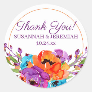 Purple Orange Floral Watercolor Wedding Thank You Classic Round Sticker