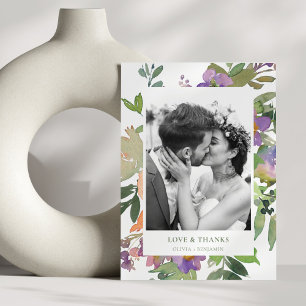 Purple Orange Floral Wedding Custom Message Photo Thank You Card