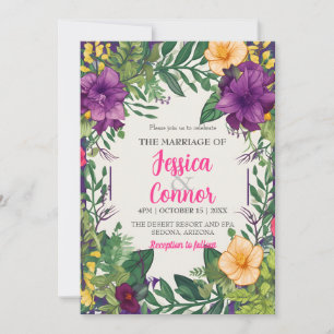Purple Orange Floral Wedding Leaves Vibrant Colour Invitation