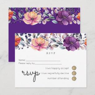 Purple Orange Floral Wedding RSVP Invitation Postcard