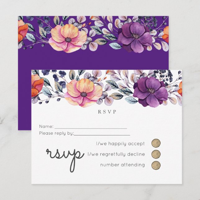 Purple Orange Floral Wedding RSVP Invitation Postcard (Front/Back)