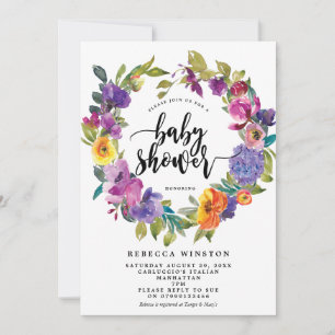 purple orange floral wreath baby shower invite