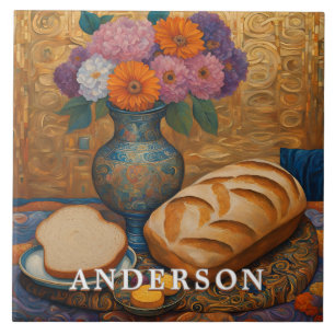 Purple Orange Flower Vase Still Life Tile